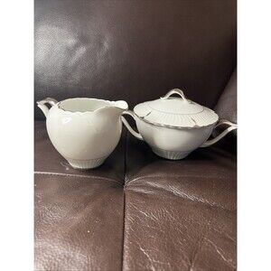 Gold China Japan June Sugar Bowl & Creamer Silver Trim MCM VTG Classic Ribbed